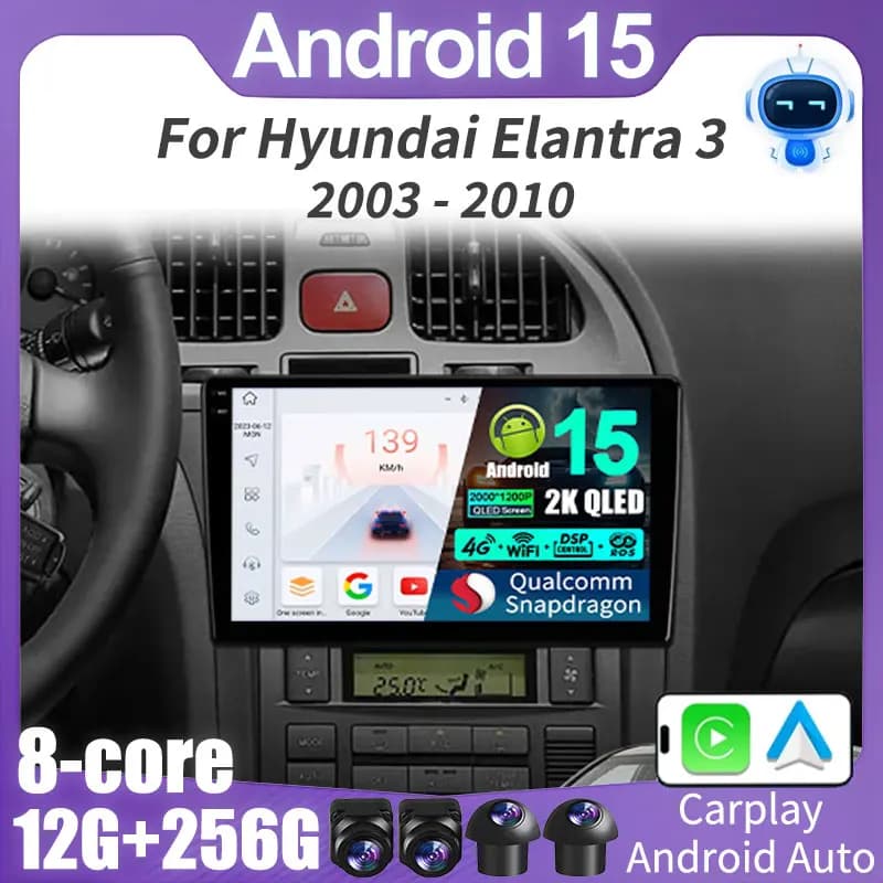 Android 15 Carplay Auto Per Hyundai Elantra 3 2003 - 2010 2 Din Auto Lettore Multimediale Stereo Navigazione GPS Wifi Sistema FM DSP