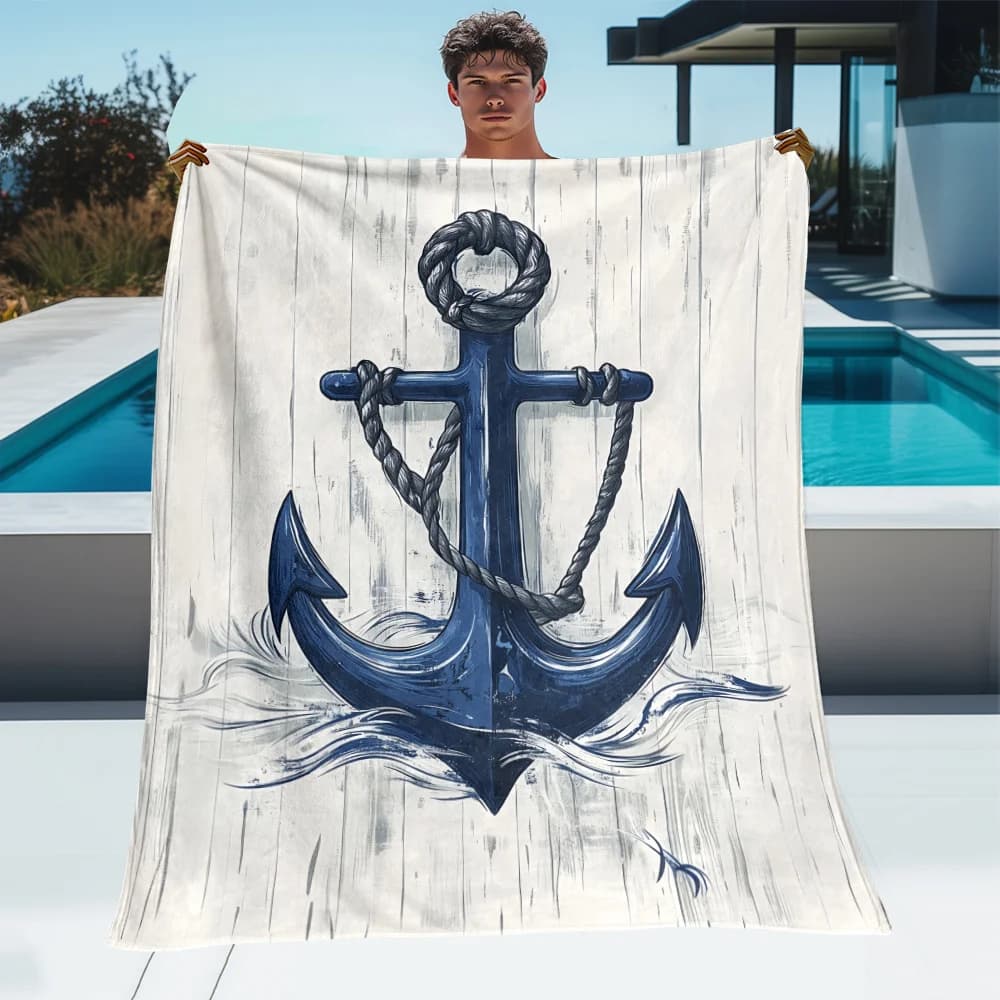 Coperta in flanella con design di ancoraggio nautico, struttura in legno bianco, corda blu navy, decorazione in stile marino, morbido e caldo per camera da letto, soggiorno