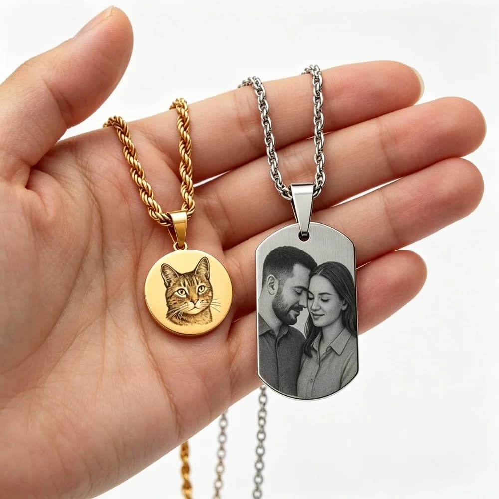 Collana Personalizzata con Foto Incisa al Laser, Ciondolo Rotondo in Acciaio Inossidabile, Collana con Ciondolo Rettangolare Personalizzato