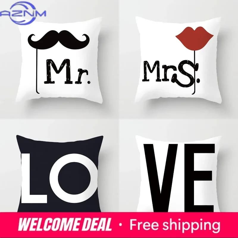 Fodera per cuscino decorativa per la casa con motivo Mr & Mrs o Love, adatta per divano, camera da letto, auto