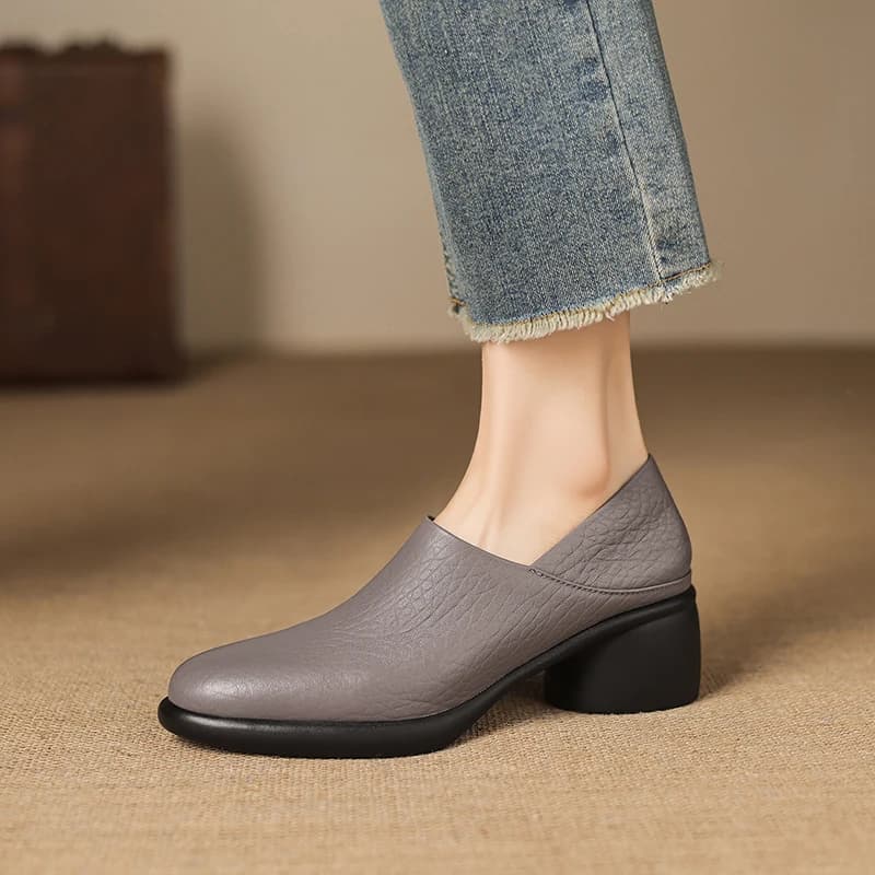 2026 new spring summer women pumps natural leather 22-25cm sheepskin+pigshin round toe thick heel women shoes loafers fashion