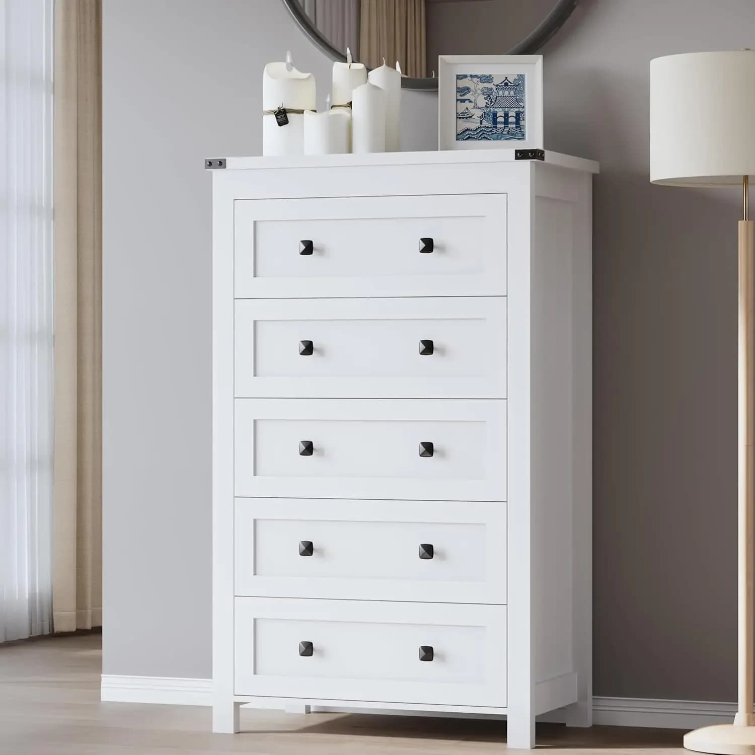 Cassettiera Alta a Cinque Cassetti, Mobile Contenitore Moderno in Legno, Mobile TV con Cassetti, Organizer in Legno con Maniglie in Metallo per Camera da Letto, Soggiorno, Corridoio