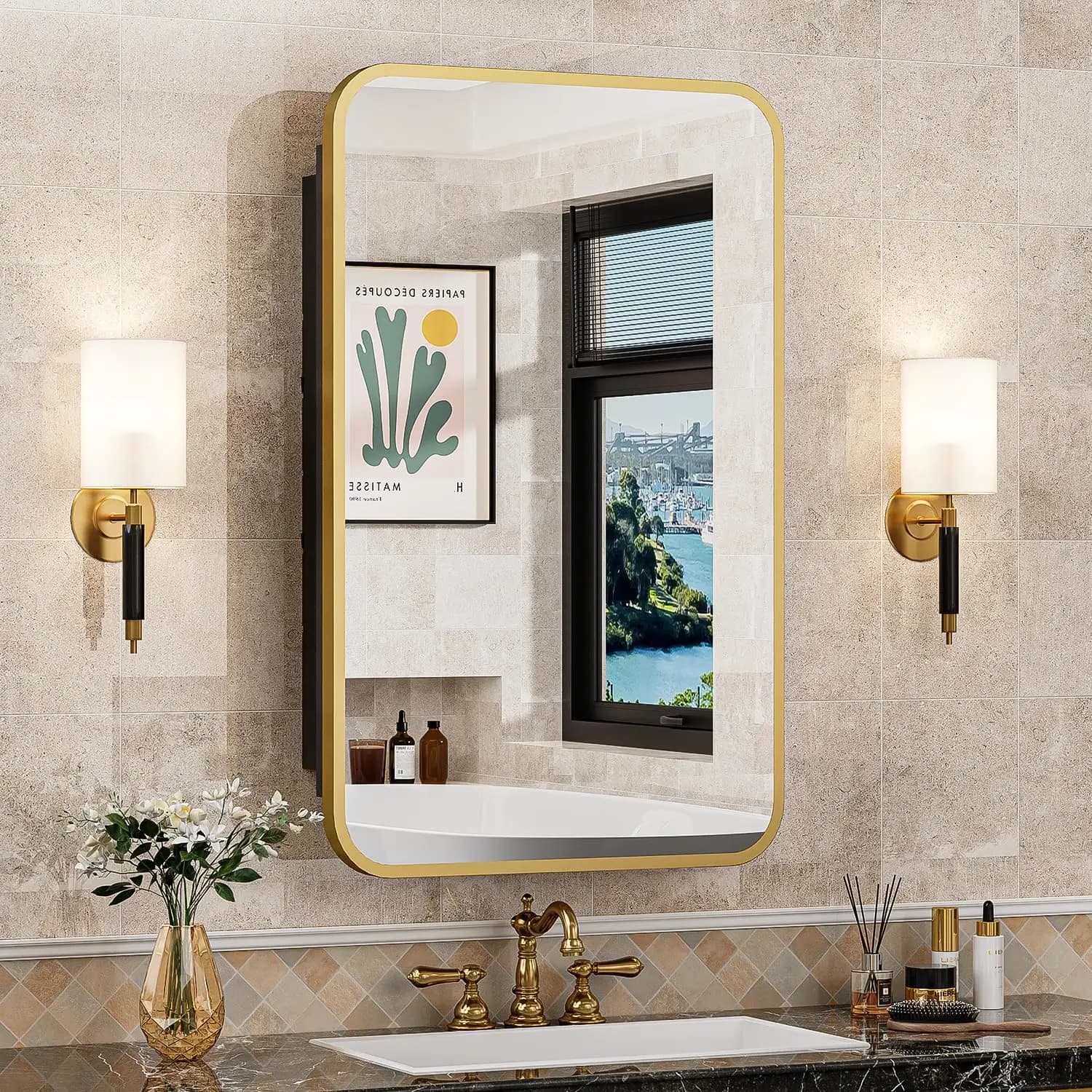 Armadietto da Bagno con Specchio in Metallo Dorato 16x24 Pollici, da Incasso o da Parete