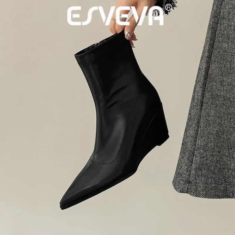ESVEVA 2027 Fashion Sexy Silk Women Ankle Boots Retro Winter Wedge High Heels Autumn Shoes Pointed Toe Dress Short Boots 34-40