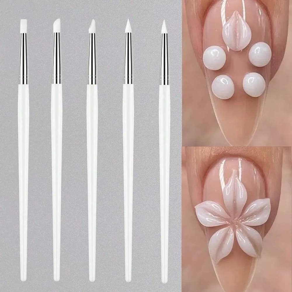 Set di 5 Pennelli in Silicone per Unghie, Pennello per Modellazione 3D in Gel UV, Pennello per Nail Art e Decorazione