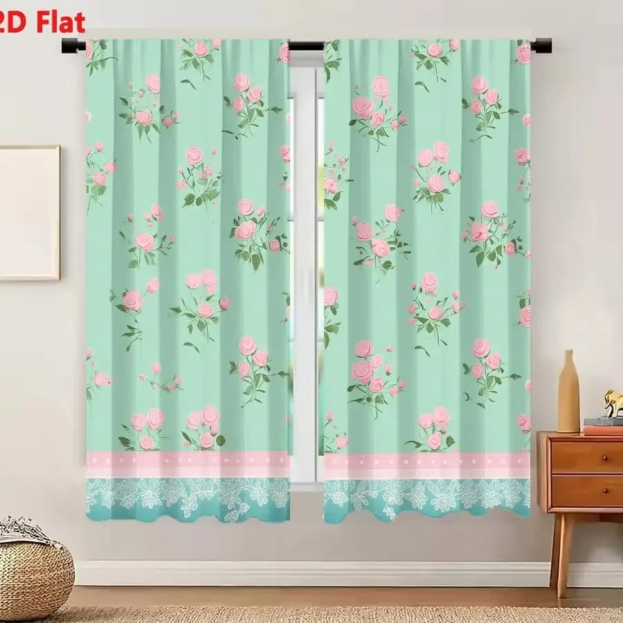 2Pcs Curtains 2D Flat Seamless Floral Pattern With Pink Roses On Mint Green Background And Lace Border Window Drapes for Bedroom