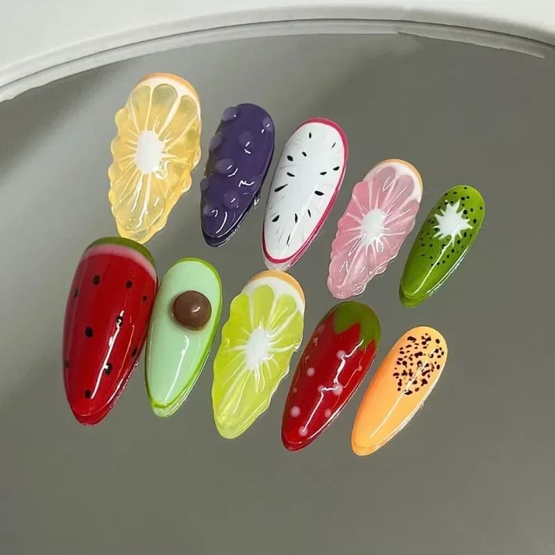 10pcs Handmade Summer Fruit False Nails with Tools 3d Lemon Cartoon Strawberry Realistic Fake Nails High Quality Press on Nails
