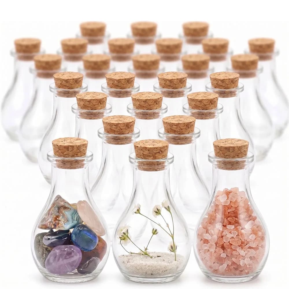 Bottiglia dei Desideri in Vetro con Tappo in Sughero, Vasetto Trasparente a Forma di Vaso per Fiori Secchi, Semi di Piante, Perline, Caramelle, 55ml