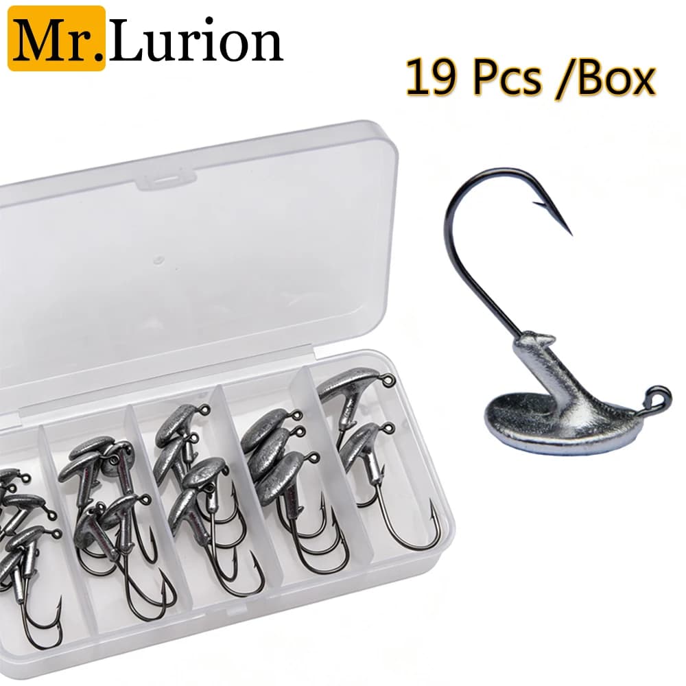 Mr.Lurion 19Pcs/Box 3.5g-14g Fishing Vertical Swing Jig Head Hook for Soft T-tail Lure Bait Tackle ,Swim bait Hooks for Bass