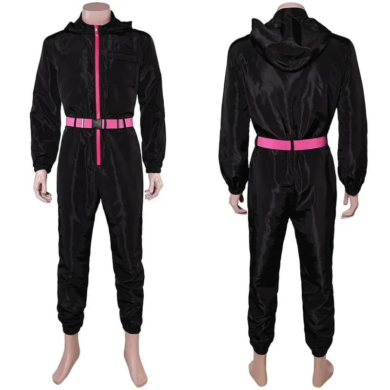 Costume cosplay di calamari con cintura per uomini adulti, uniforme nera, tuta da gioco con batteria