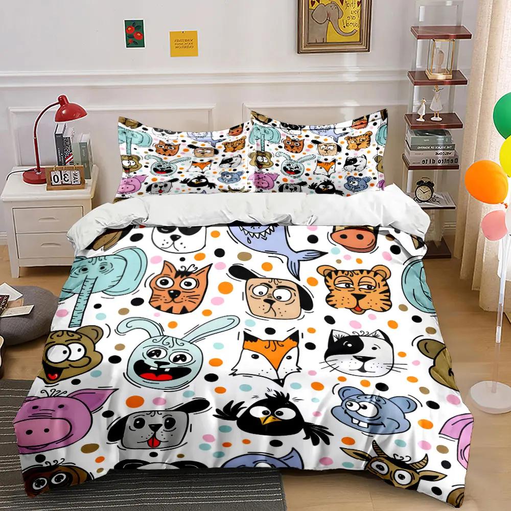 Set copripiumino con faccine di animali dei cartoni animati con punti colorati, stampa digitale, biancheria da letto in poliestere colorato con chiusura a cerniera