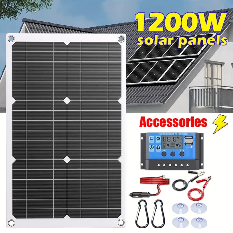 Pannello solare da 1200 W Caricabatteria da 12 V Doppio USB con controller 10A-100A Cella solare da campeggio esterna per telefono Auto Yacht RV Escursionismo