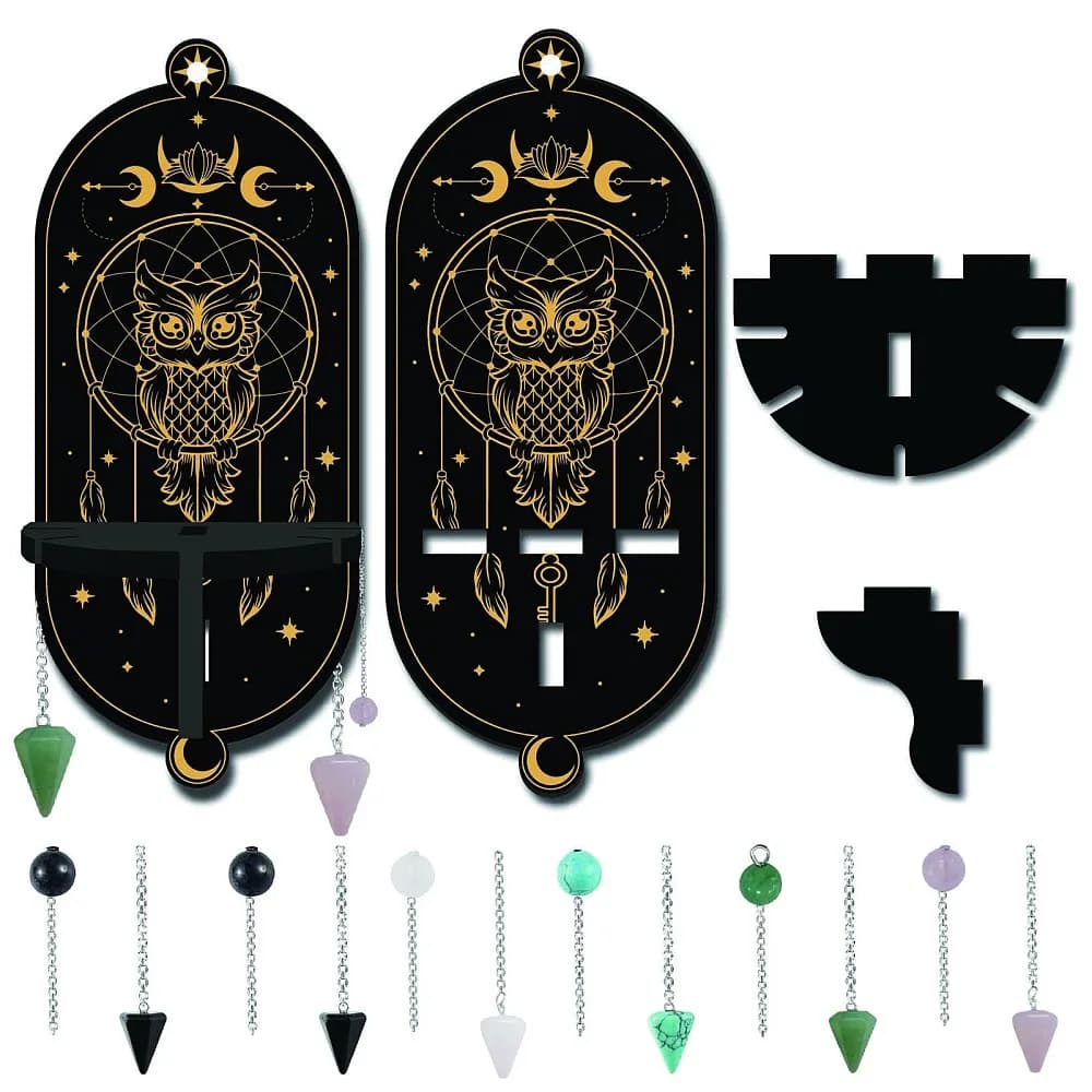 2Pcs Small Shelf Display Owl Moon Phase Star Wooden Holder Stand with 6Pcs C1 Gemst1 Pendulum Chains Magical for Hanging Decor
