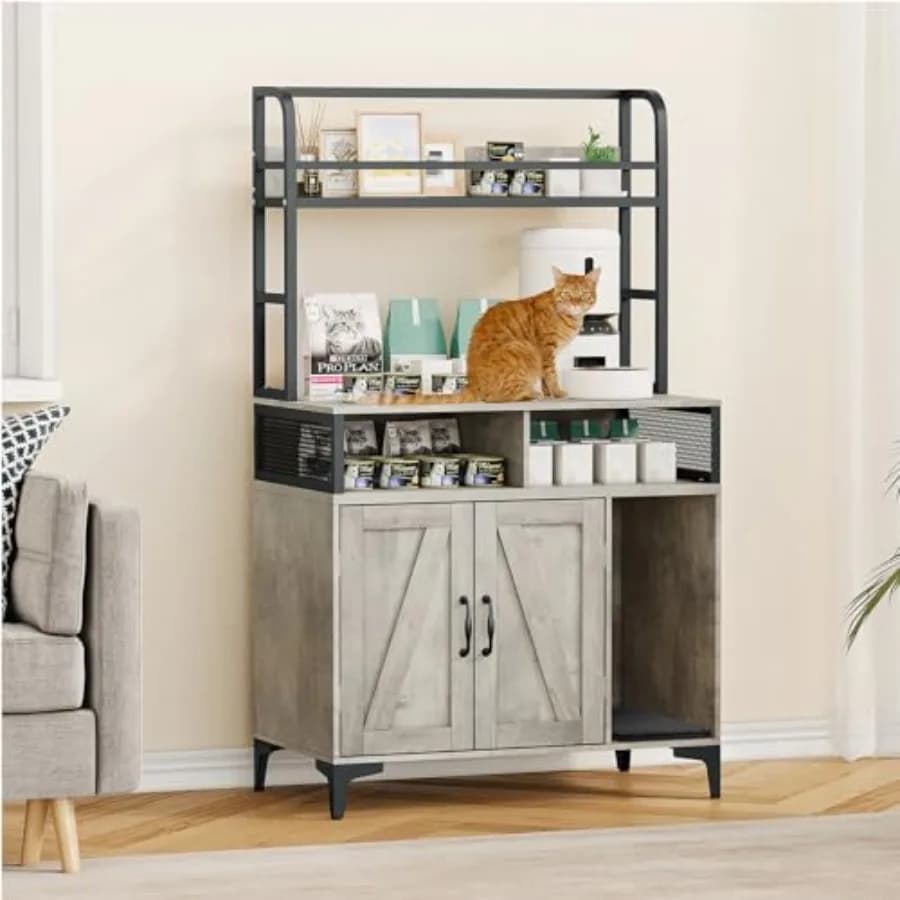 Mobiletto per lettiera per gatti con 3 ripiani, stile moderno, lettiera nascosta con contenitore e ante, grigio
