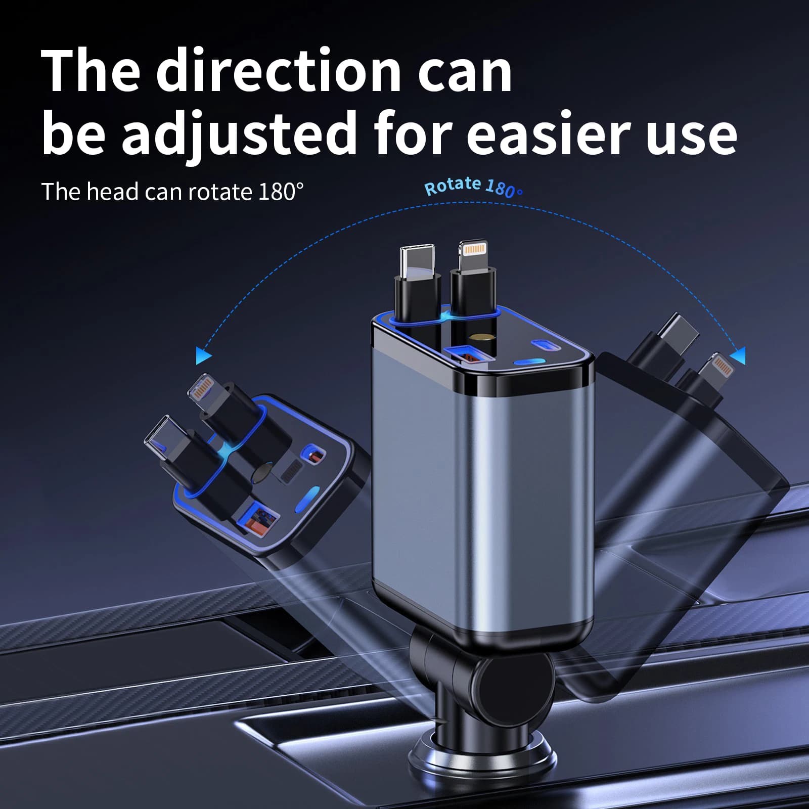 Multi‑Functional Car Charger with Starry‑Sky Projection Light,4‑Port Fast Charging,Built‑in Retractable Type‑C&Lightning Cables