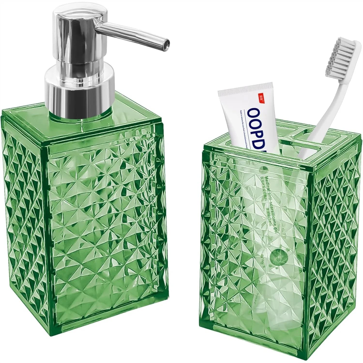 Set di accessori da bagno Boho verde da 2 pezzi con dispenser per sapone e portaspazzolino, in plastica