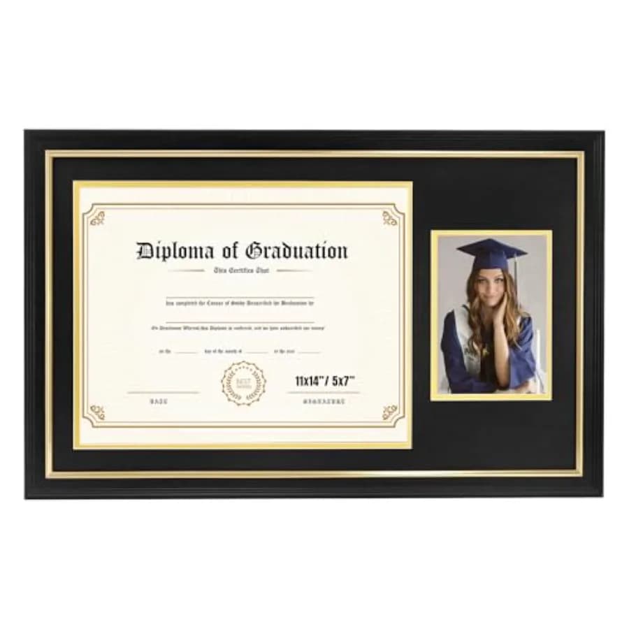 Cornice per Certificati in Legno Massello con Portafoto per Documenti 11x14 e Immagini 5x7, Vero Legno con Doppi Passepartout Nero e Oro, Vetro Temperato