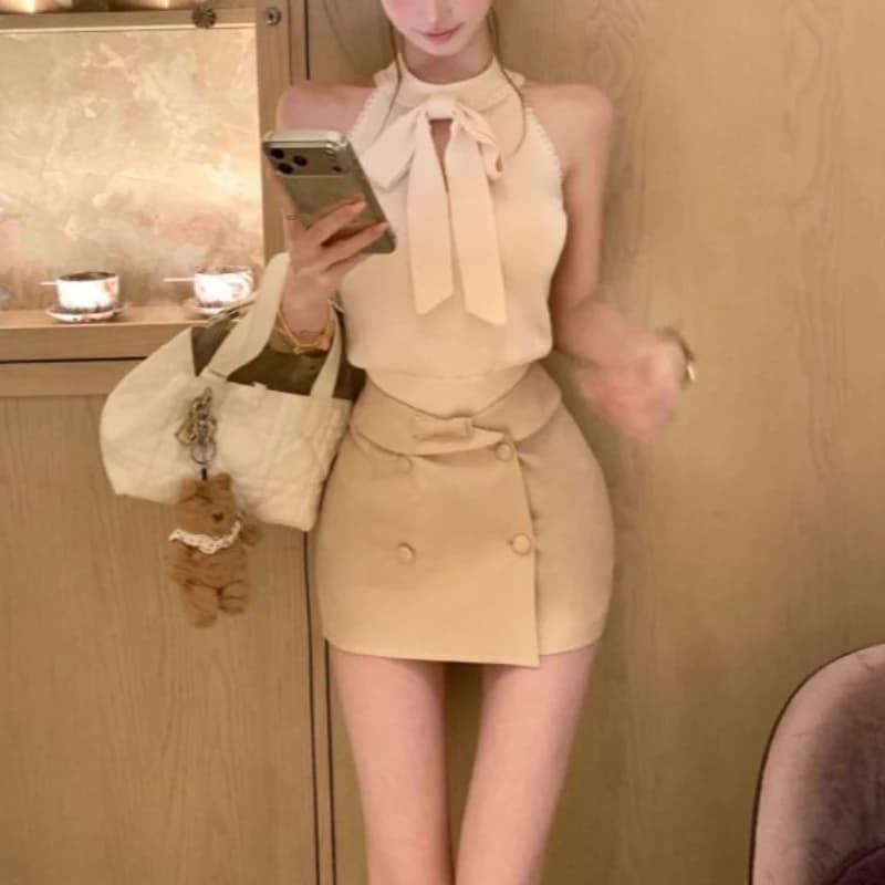 French Elegant Women's Summer Suit Lace Trim Bow Halter Neck Crop Top Double Breasted Bodycon Mini Skirt Slim Fit Elegant Outfit