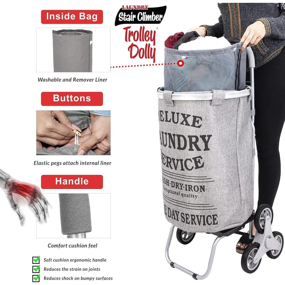 Bedding trolley with scaler for stairs, grey linen cart, basket trolley with wheel selector