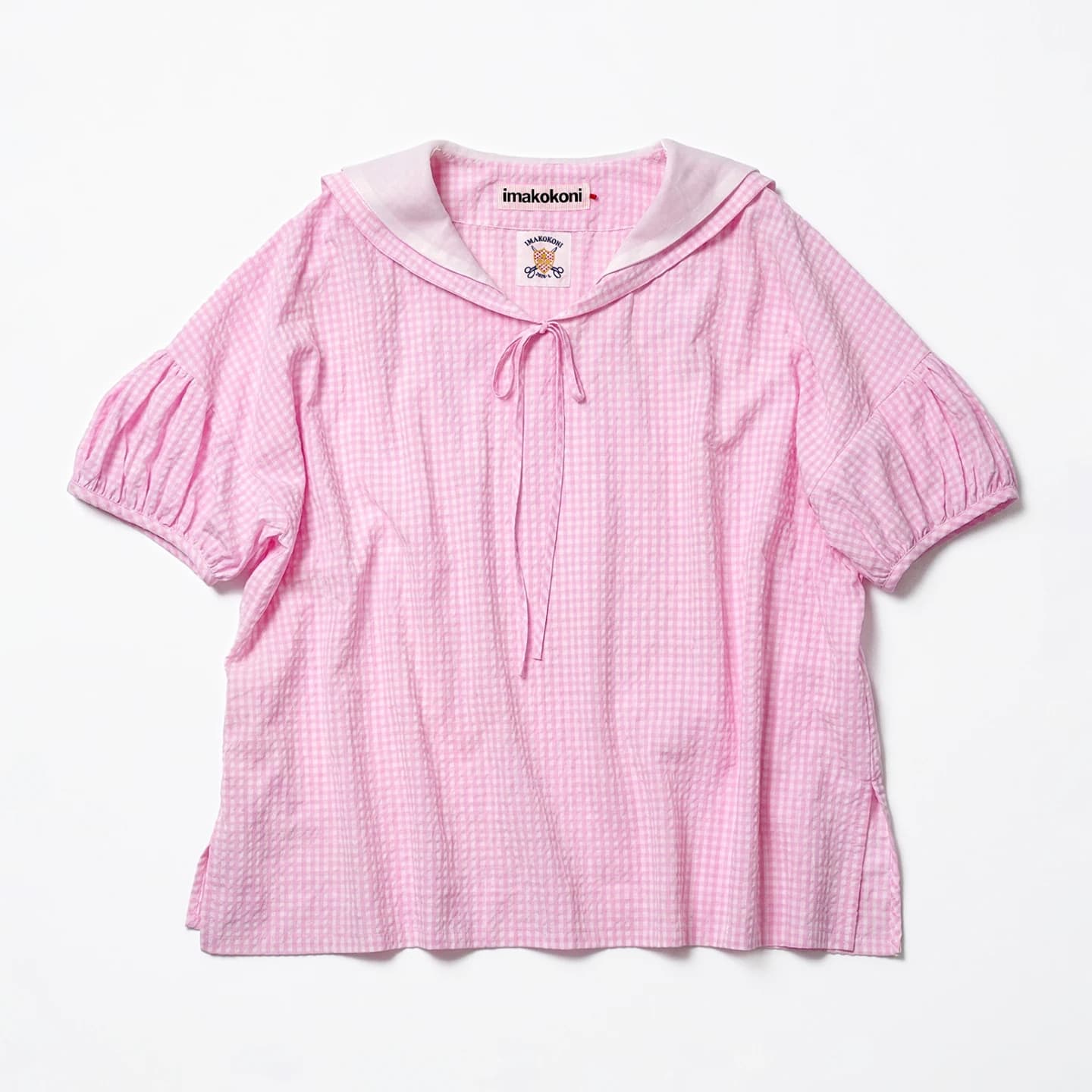 Pink checkered shirt women's imakokoni summer original Japanese literary style navy collar loose short sleeved shirt 265430