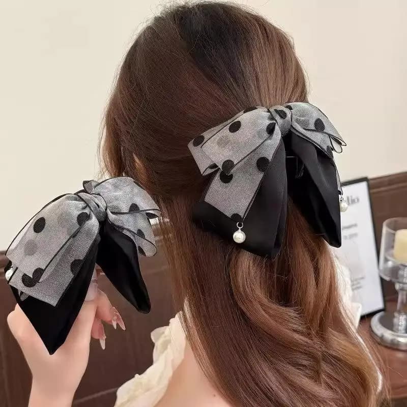 Elegant Gray Polka Dot Bow Hairpin For Women Girls High-end Temperament Ponytail Hair Claw Fashion Hair Accessories Gift