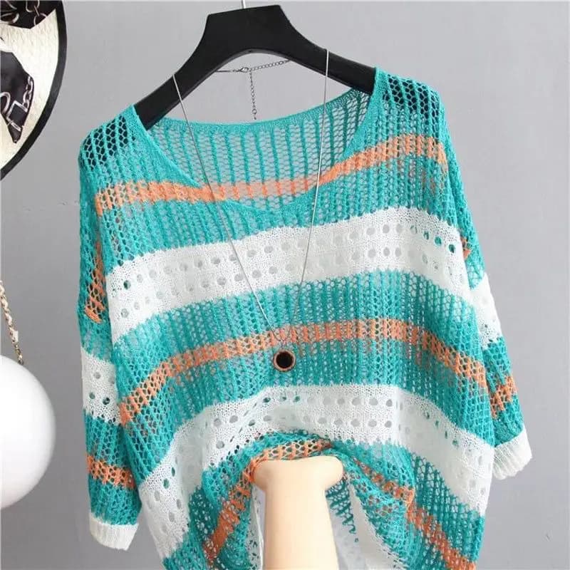 Maglione da Donna Traforato Lavorato a Maglia, Pullover Casual con Collo a O e Righe, Top da Donna Q3380