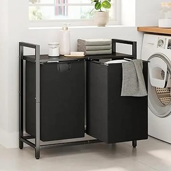 Kitstorack Laundry Basket Organizer - Hamper with Shelf & 2 Pull-Out Removable Bags, 2 x 11.8 Gal (44.5L) for Laundry Room, Bathroom