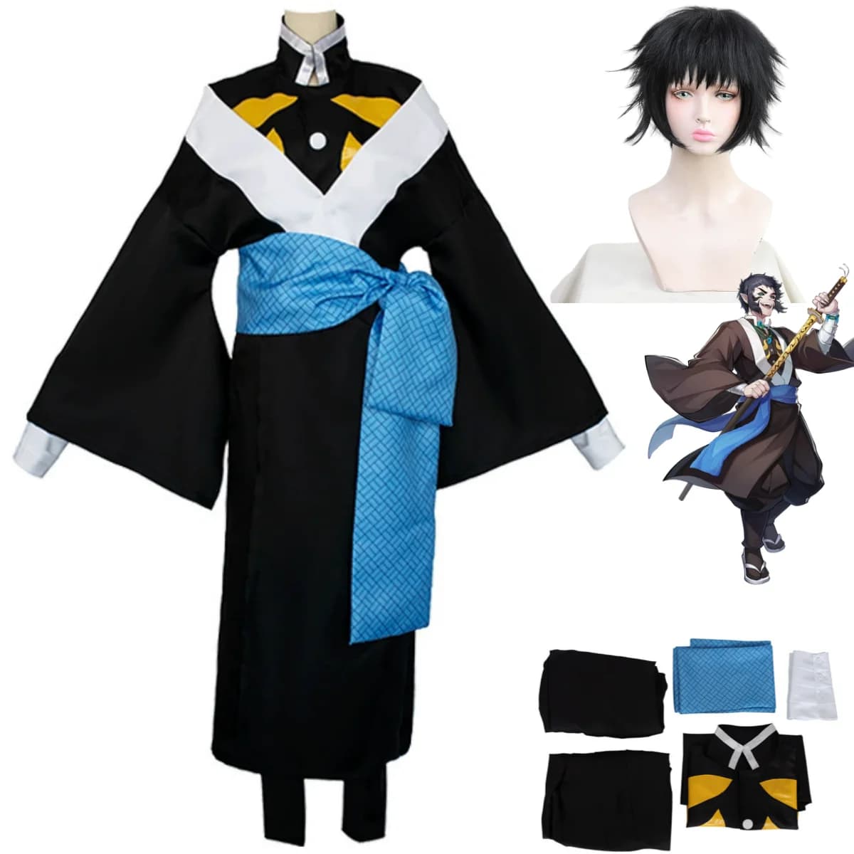 Anime Inatama Kaigaku Cosplay Costume Japanese Kimono Style Bathrobe Cloak Cummerbund Wig Adult Man Woman Halloween Suit
