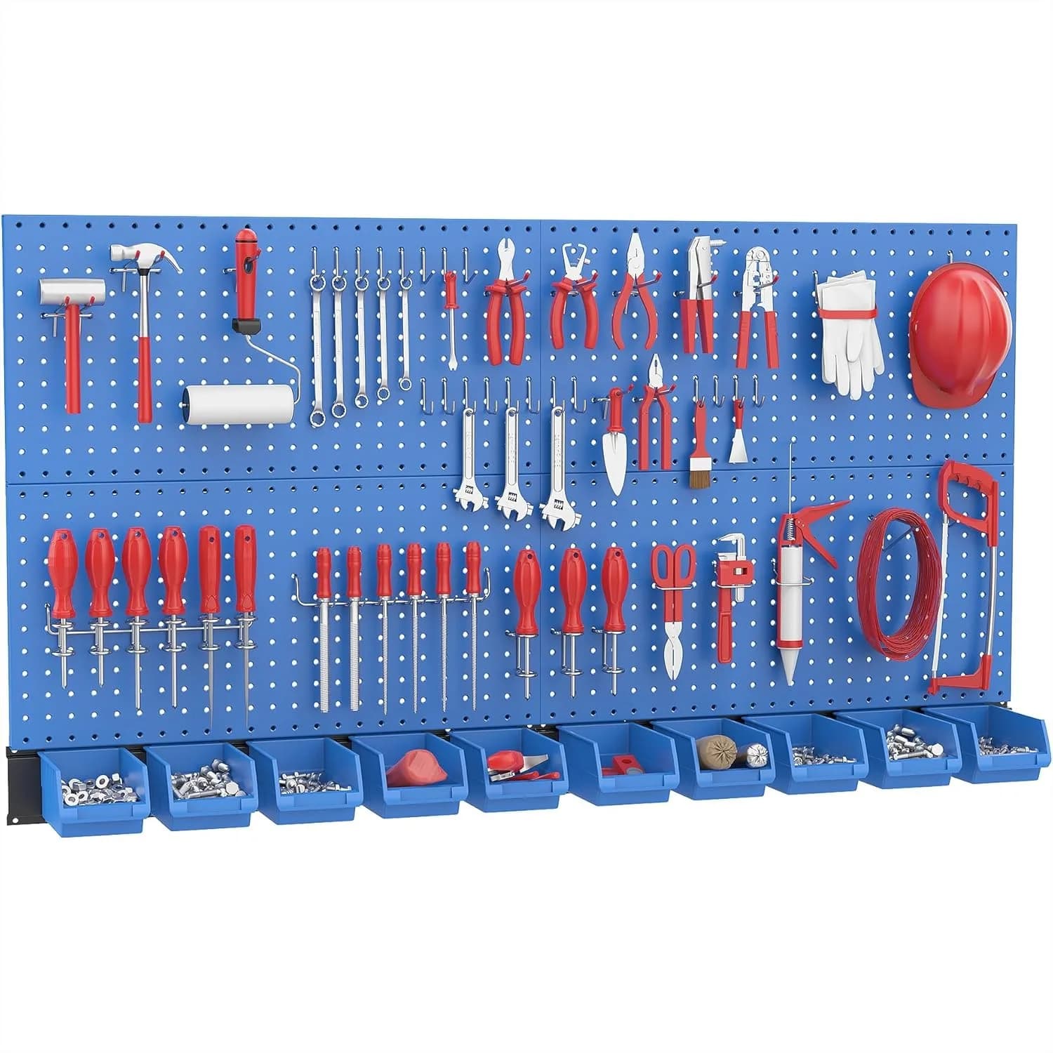 Organizzatore da Parete con Pannello Forato, Pannelli in Metallo Blu, Sistema di Stoccaggio per Garage con Ganci e Contenitori, 59 Pezzi