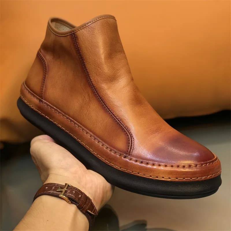 British Style Genuine Leather High Top Casual Work Chelsea Boots Men's Shoes Trendy Side Zipper Outdoor Hiking Ankle Boots Male