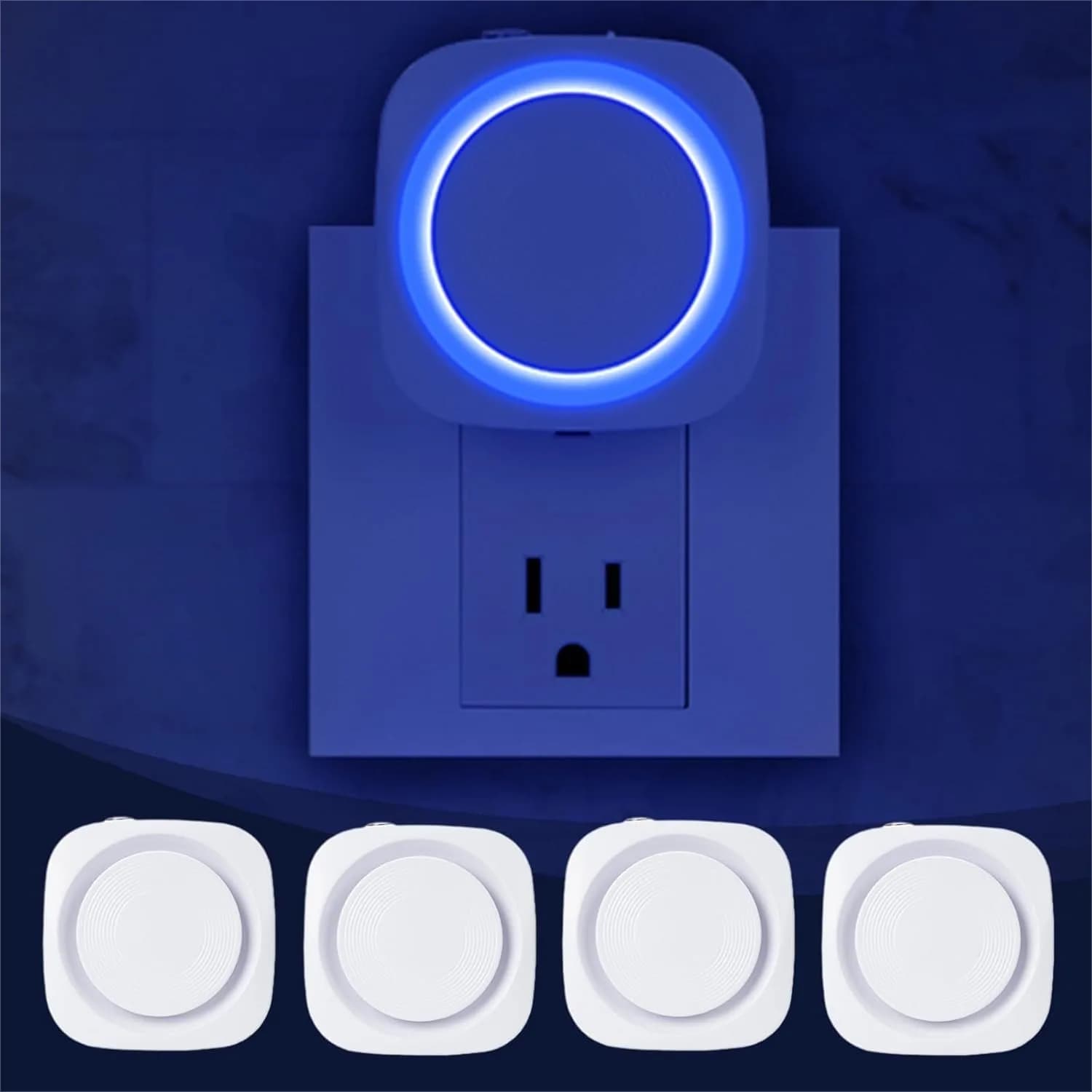Luci Notturne Blu da Collegare alla Presa, Set da 4 Lampade Notturne Dimmerabili con Sensore Automatico dal Tramonto all'Alba, Luce Soffusa per Bagno e Camera da Letto