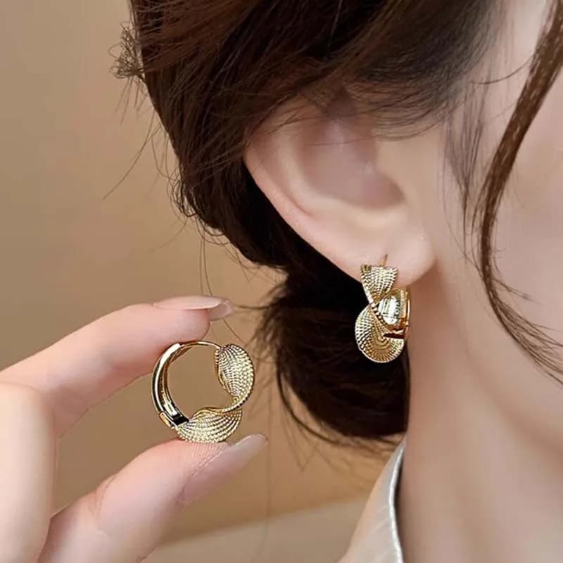 Gold twisted pleated hoop earrings, cool elegant unique earrings, accessible luxury classy earrings, earrings for women