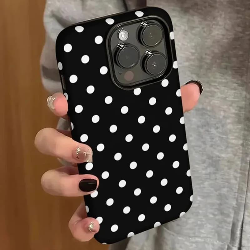 INS White Polka Dots Black Phone Case For iPhone 17 Air 16 15 14 13 12 11 Plus Pro ProMax MINI XS XR Anti-fall Bumper Cover