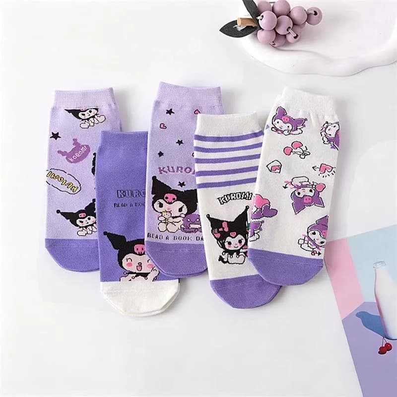 5-Pair Women's Sanrio Cartoon Kuromi Series Star Stripe Pattern Versatile Soft Casual Breathable Short Socks