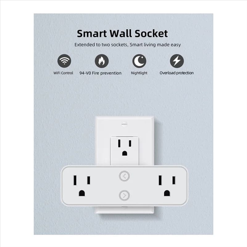 2025+ Smart Plug 10A, prolunga presa WiFi Spine doppia presa Funziona con, Assistente domestico, Nessun hub richiesto Spina americana