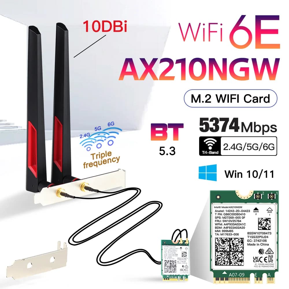 WiFi 6E AX210 10DBi Antenna Scheda wireless AX210 7265NGW M.2 Kit desktop Bluetooth 5.3 Adattatore di rete 2 in 1 per PC