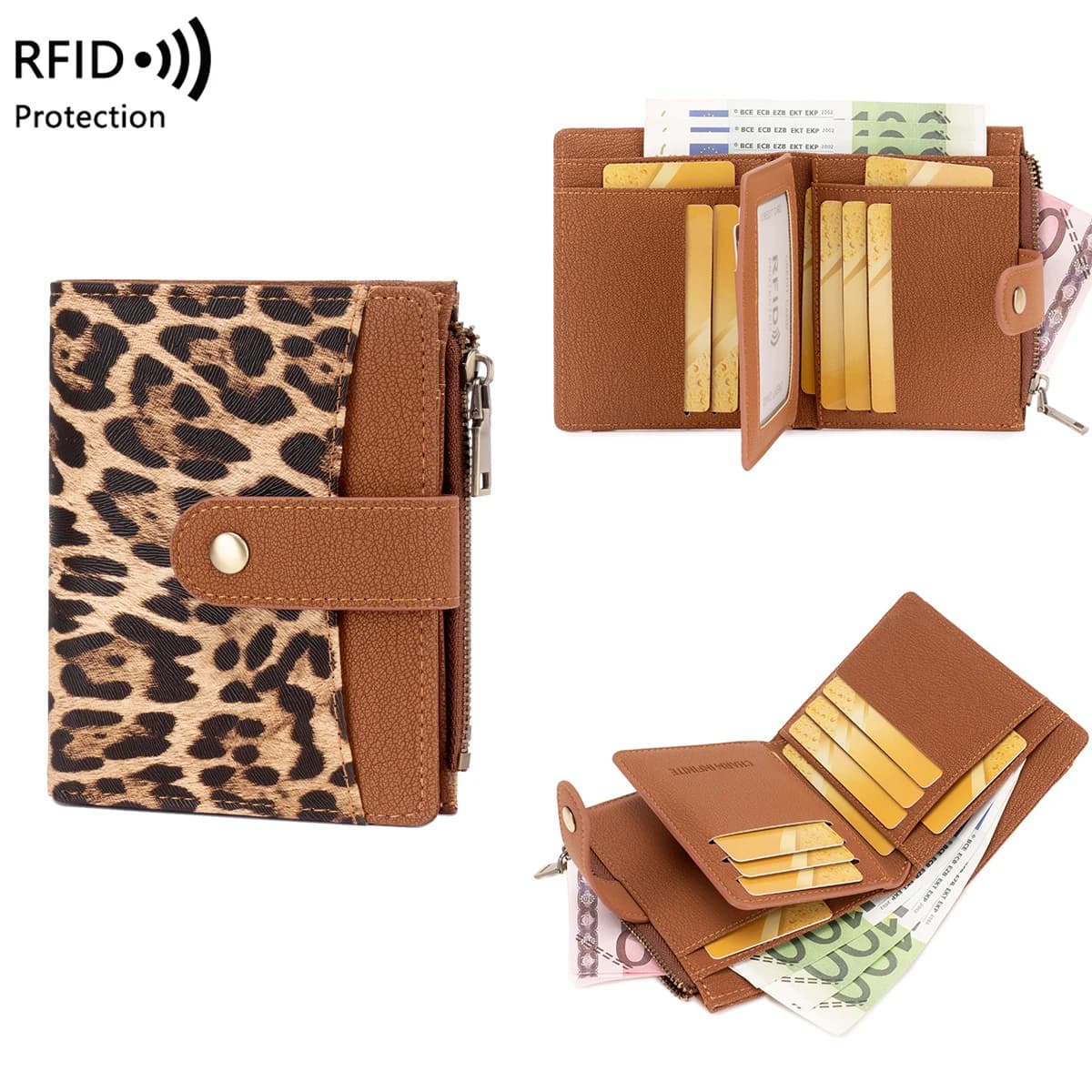 Portafoglio da donna con blocco RFID, portatile, corto, a tre ante, con tasca portamonete con cerniera, porta carte in resistente pelle PU per viaggi e uso quotidiano.