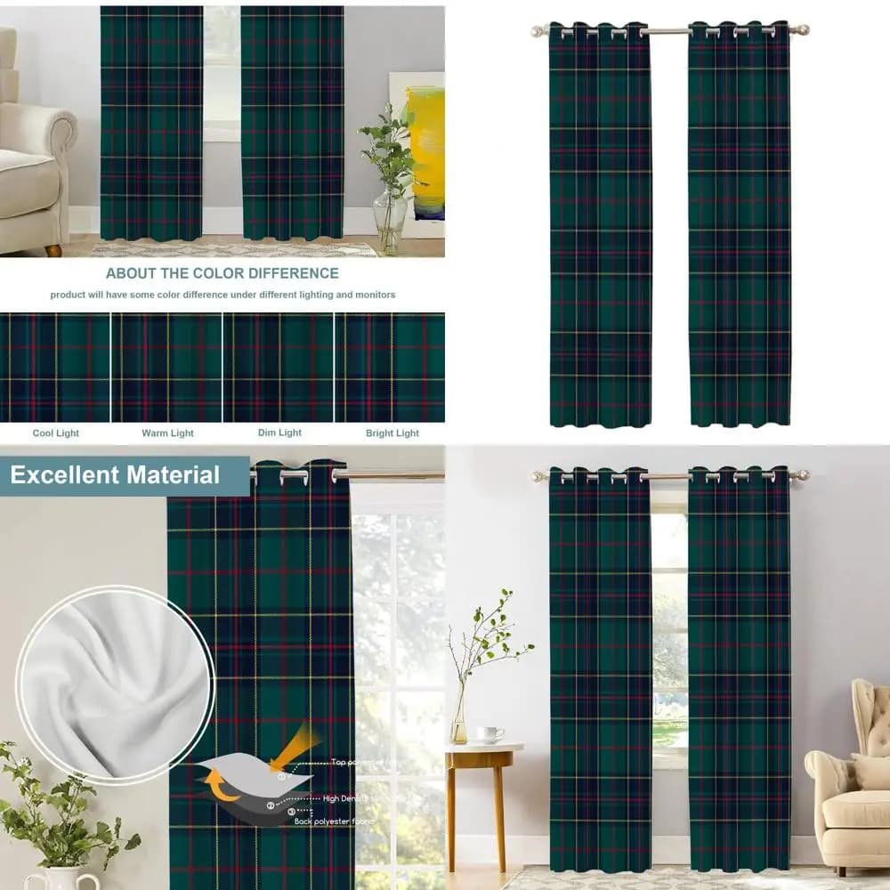 Tende Oscuranti in Tartan Verde, 52x84, Isolanti Termici in Tessuto Scozzese per Soggiorno e Camera da Letto