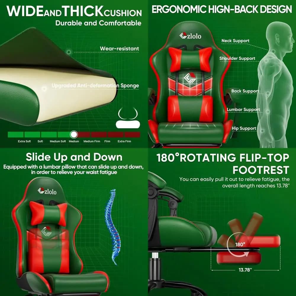 Sedia da Gaming Verde con Schienale Alto, Massaggio Lombare, Reclinabile, Seduta Larga e Poggiapiedi - Perfetta per Giocatori e Regali