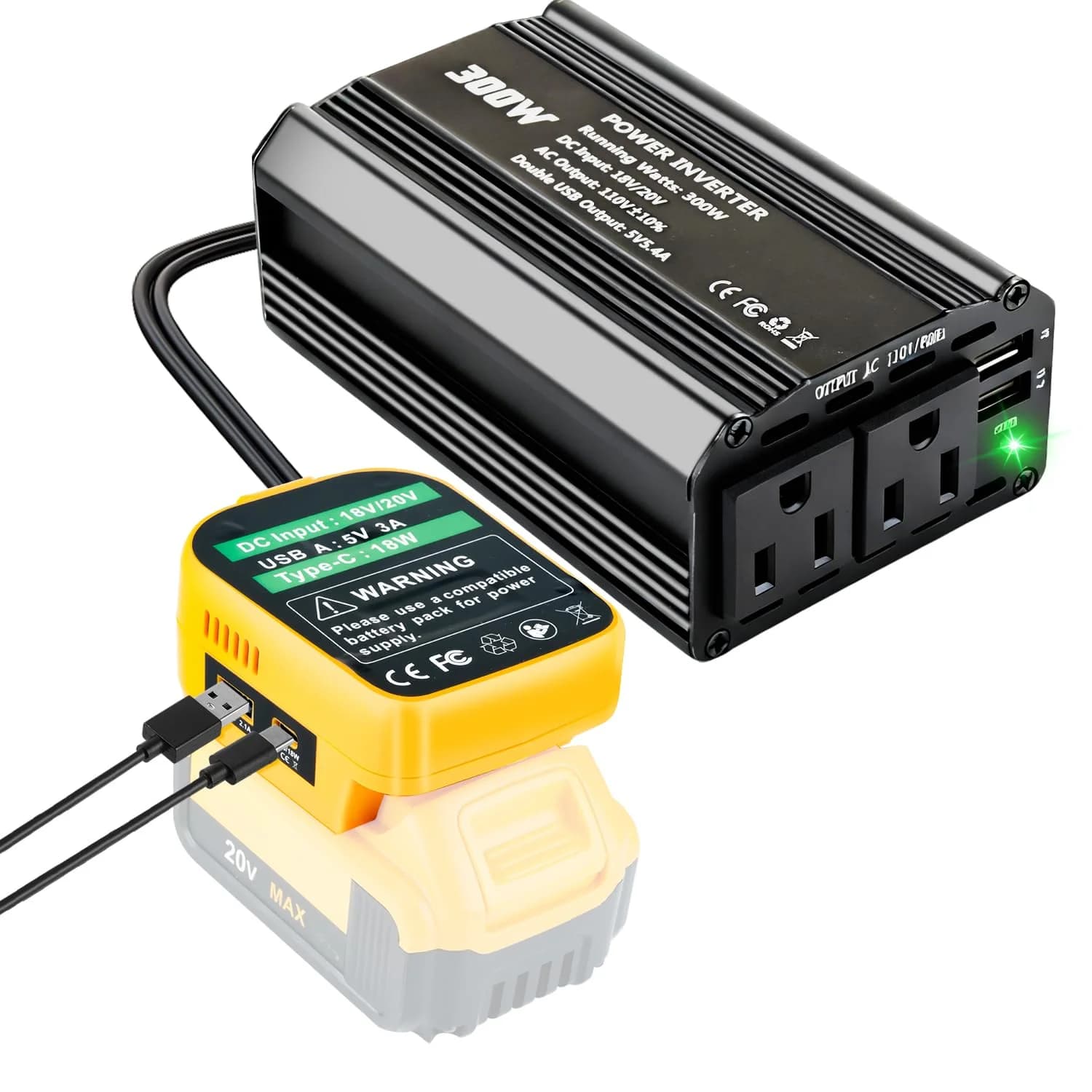 300W Power Inverter Compatible with Dewalt, DC 18V to AC 110-120V Battery Inverter, Portable Battery Adapter Charger Converter