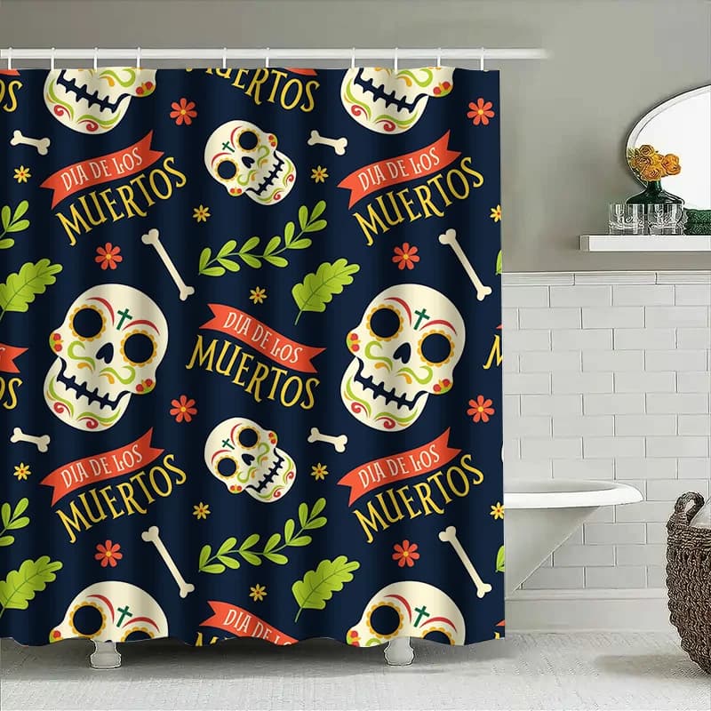 Tenda da doccia con motivo teschio Tuniu Day of the Dead, decorazioni colorate con teschi di zucchero, sfondo scuro