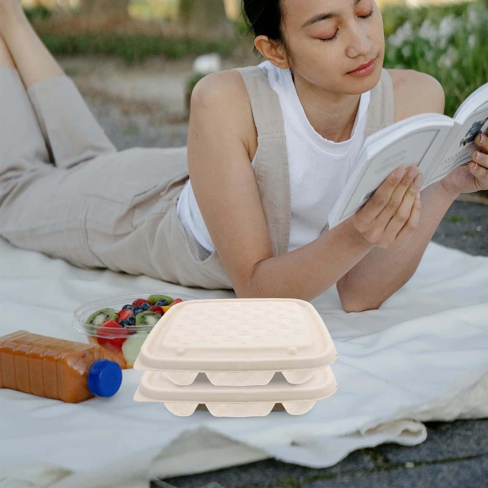 10 Contenitori Alimentari in Polpa di Cellulosa Divisi, Resistenti, Monouso, per Asporto, Preparazione Pasti, Scatole Bento con Coperchio, 4 Scomparti, per Ristoranti