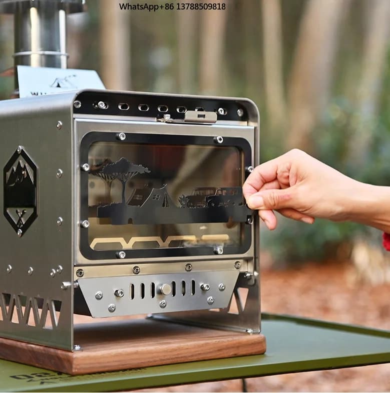 Stufa a Legna Portatile da Esterno in Acciaio Inox, Piccolo Caminetto da Tavolo per Riscaldamento Tenda da Campeggio e Picnic, Alimentato a Carbone