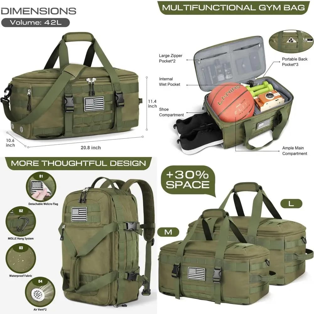 Grande Zaino Tattico con Scomparto per Scarpe, Borsa 3-in-1 da Viaggio e per il Weekend, per Allenamenti, Sport e Pernottamenti