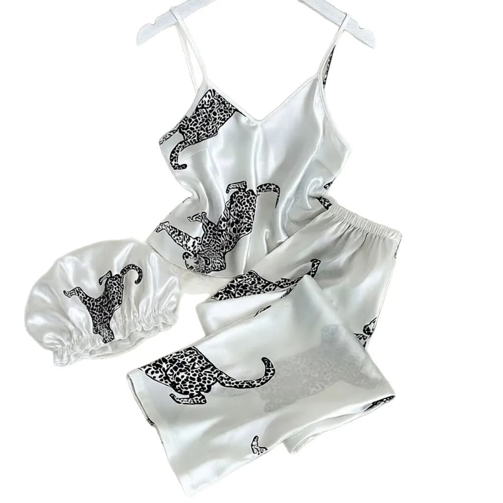 Leopard Pattern Satin Cami Top Shorts And Sleep Cap Three Piece Set Chic Animal Print Comfortable Home Wear Collection