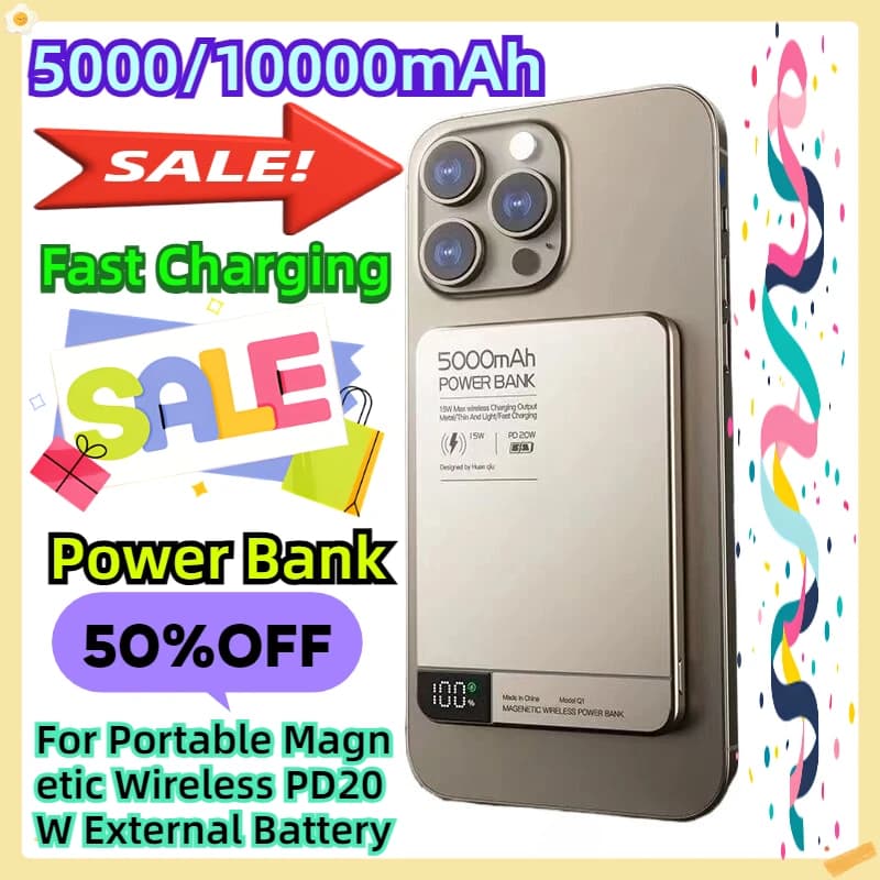 Power Bank Portatile Magnetico Wireless da 5000/10000mAh con Ricarica Rapida PD20W, Batteria Esterna
