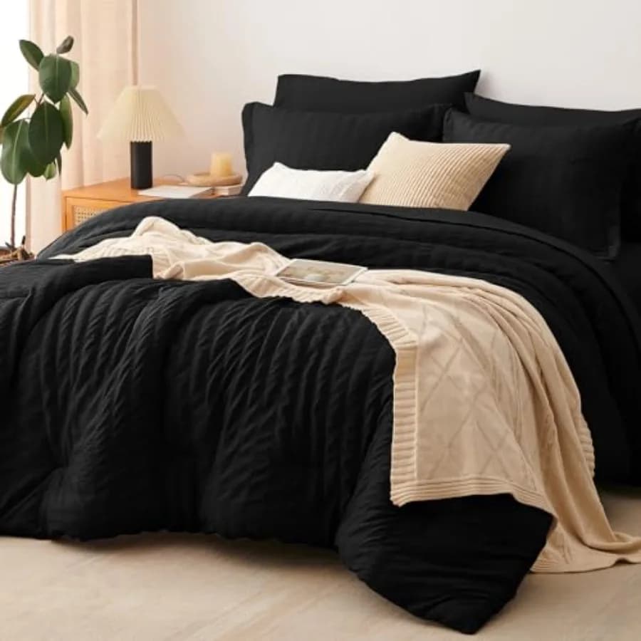 Comforter Set Seersucker 7 Pieces Bed in a Bag Comforter Set with Sheets Luxury Soft Bedding Set with Down Alternative Comforte