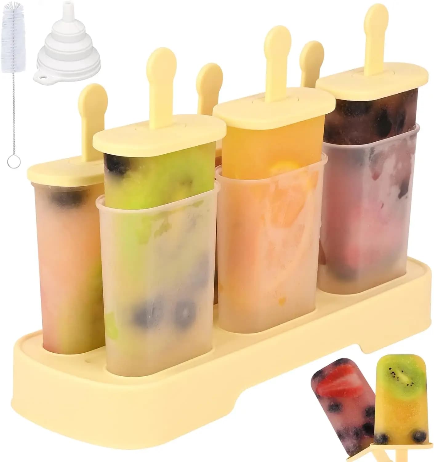 Set di 6 stampi per ghiaccioli, stampo per gelato fatto in casa con bastoncini, protezioni antigoccia, imbuto e pennello, senza BPA (Giallo)