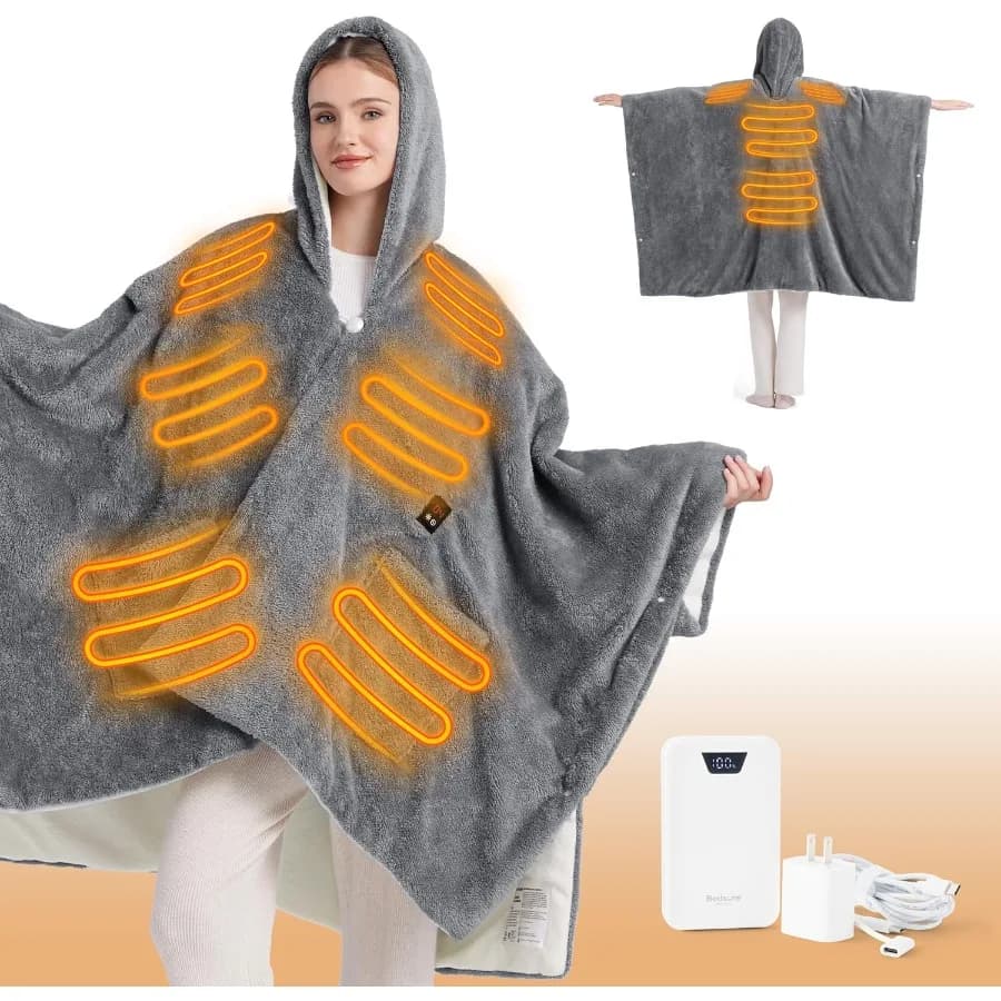 Coperta riscaldata senza fili Bedsure - Felpa con cappuccio coperta indossabile elettrica soffice con batteria da 20000 mAh Scialle riscaldato USB portatile