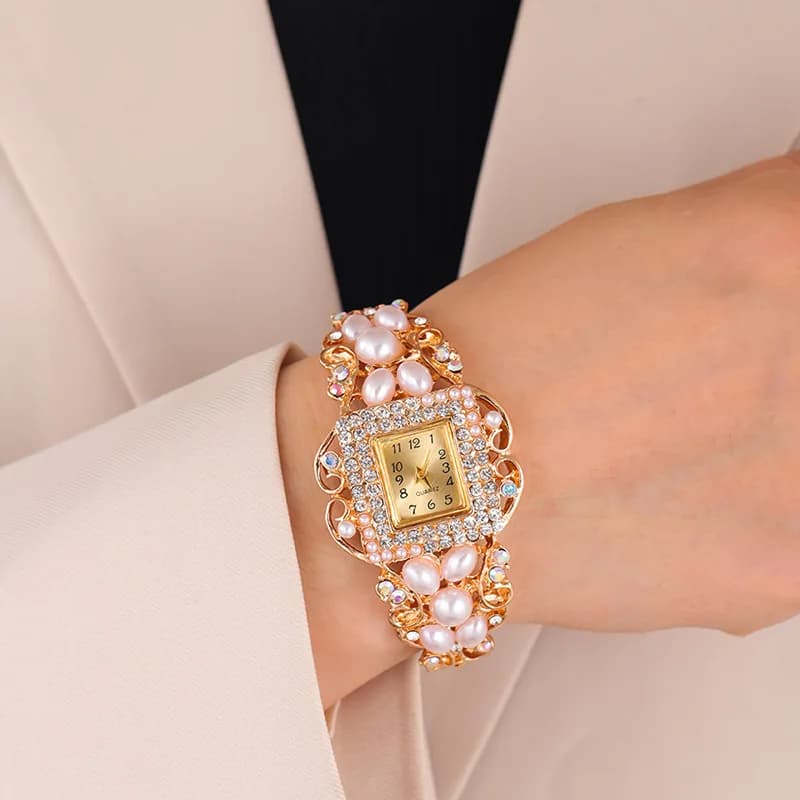 New Fashion Watches for Women Vintage Casual Quartz Watch With Square Pearls Women's Watch with Stainless Steel Bracelet Reloj Mujer Gift Watches